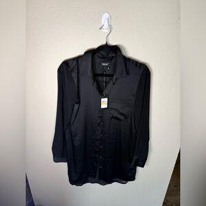 DKNY Sleek Black Button Down Tunic Blouse